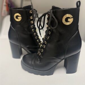 Guess Black Lace-Up Boots with Gold Accents